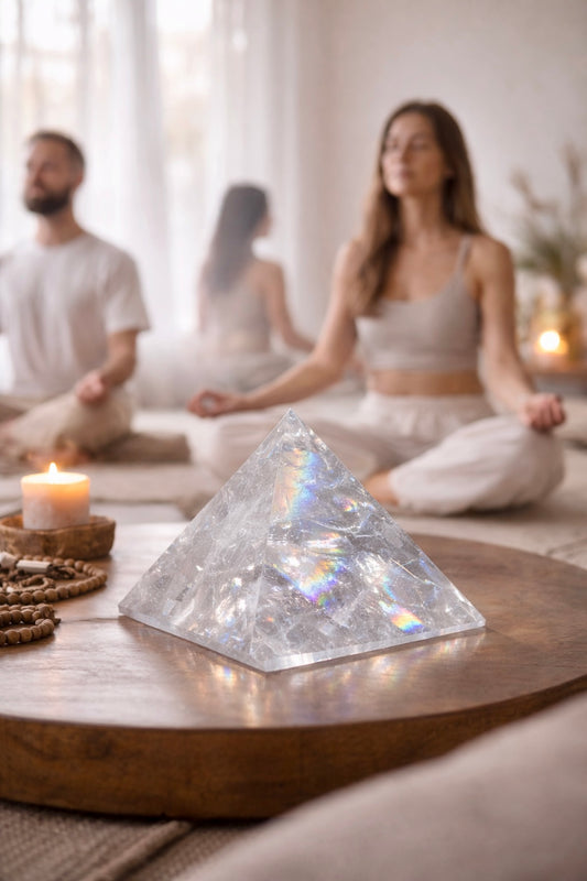 Lemurian Bergkristall Pyramide 10 × 10 × 8,7 cm · 790 g mit natürlichem Regenbogen und klarer Struktur
