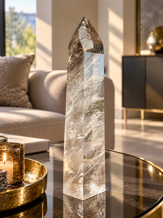 Lemurian Bergkristall Spitze mit Rauchquarz | 26 cm | 1,29 kg 