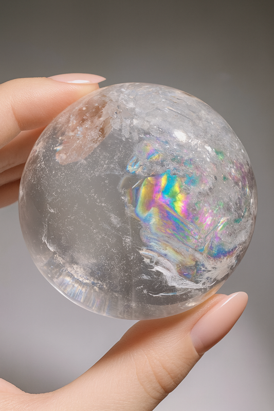 Lemurian Bergkristallkugel – 6.7 cm Extra Qualität mit riesigem Regenbogen