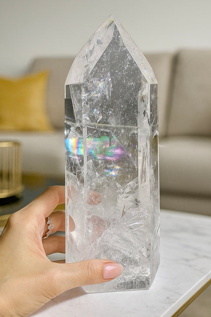 Lemurian Kristall 21 cm – 1,4 kg Extra klar mit Regenbogenfeuer Bahia