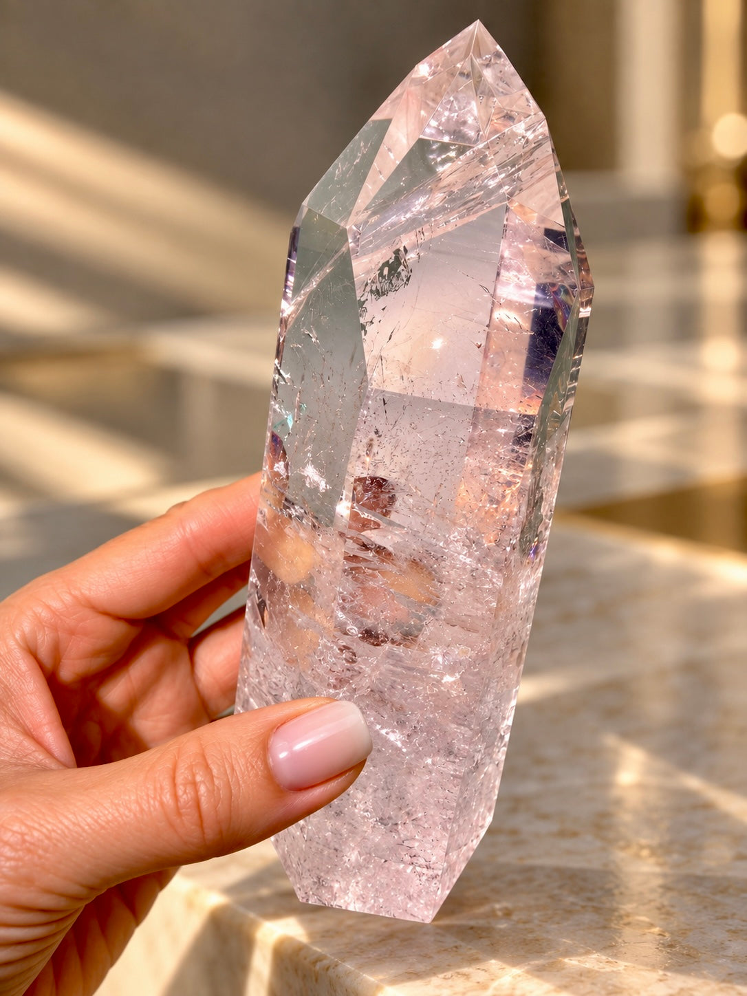 Lemurian Kristall aus Bahia – polierter Bergkristall mit Regenbogen & Feuer
