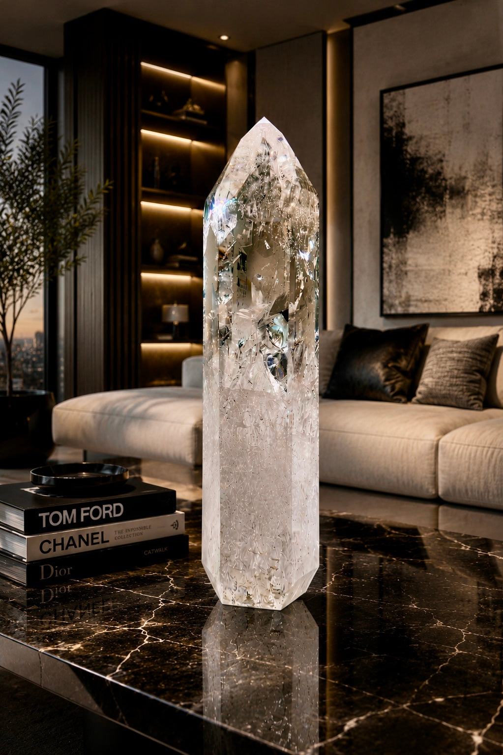 Lemurian Kristallspitze Brasilien 37 cm 5,5 kg – extra klarer Lichtkristall mit Regenbogen und innerem Feuer