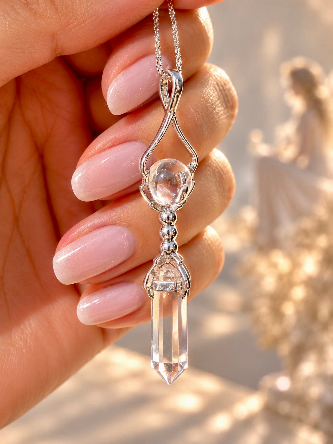 Lemurian Magic Wand Anhänger 925 Silber mit klarer Kristallspitze und Kugel