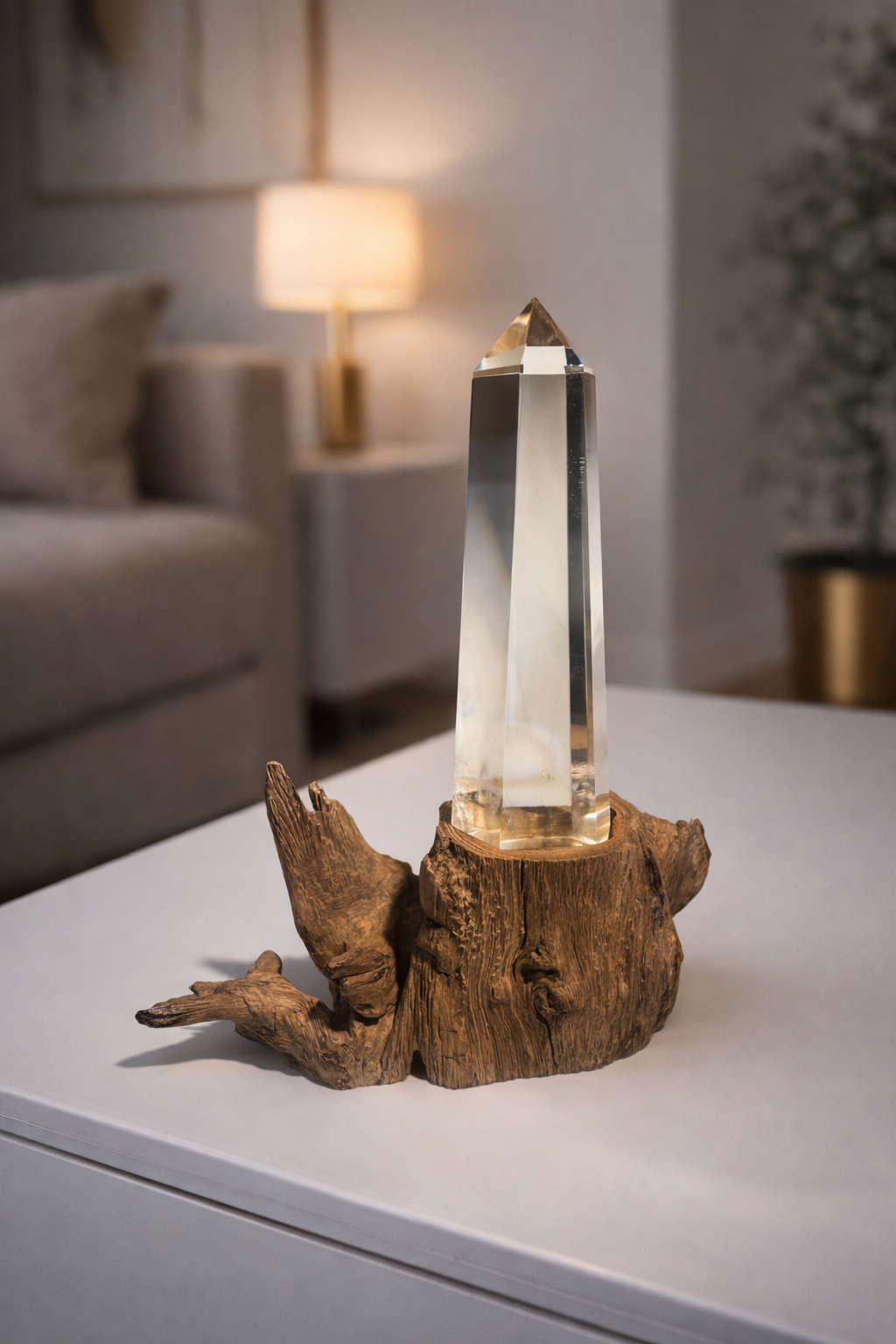 Lemurian Quarzspitze mit Phantom – Premium Kristall auf Holzsockel | Unique Crystals