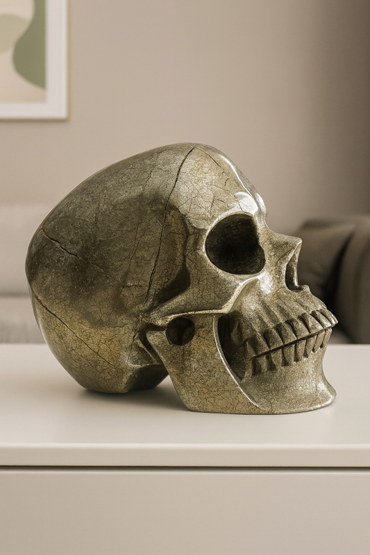 Massiver Pyrit Totenkopf – 12 cm, 2.45 kg – Hochwertige Kristallskulptur in realistischer Ausarbeitung
