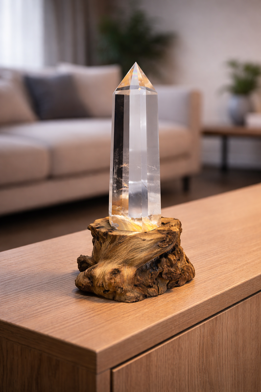 Massiver ultraklarer Lemurian Bergkristall 14,7 cm, präsentiert auf harmonischem Wurzelholzsockel