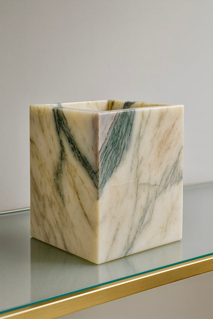 Massives Teelicht aus Verde Lapponia Marmor, edler grüner Naturstein, 88×88×105 mm