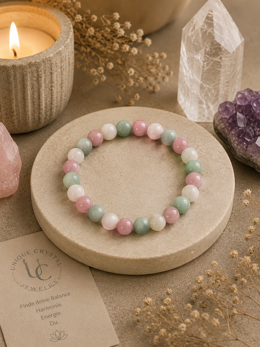 Meditationsarmband mit Regenbogenmondstein, Aquamarin und Kunzit 