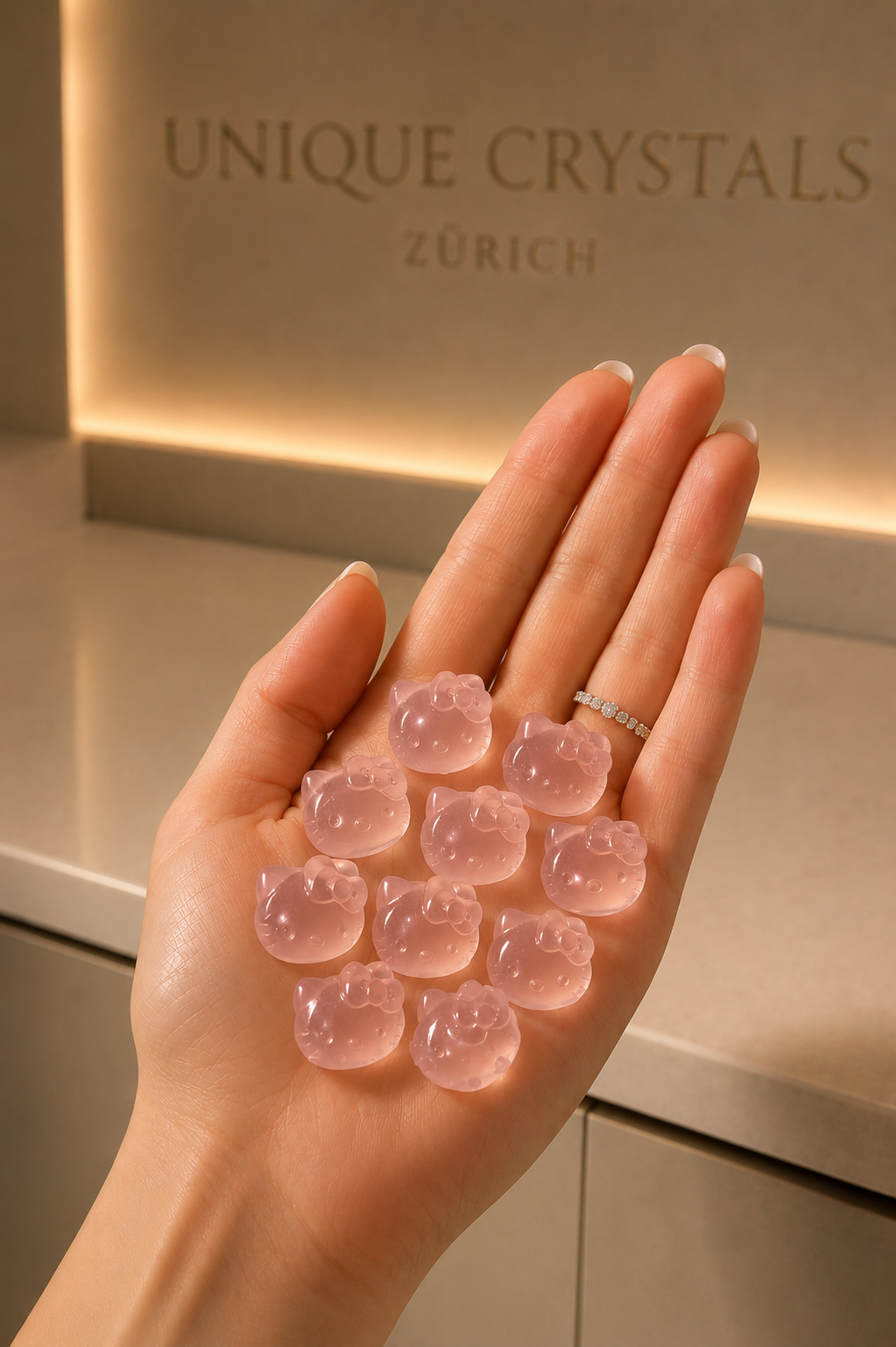Mini Hello Kitty Rosenquarz – High Quality Ice Rose Quartz | 1,3 cm
