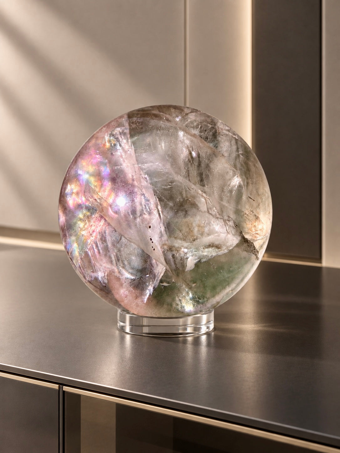 Mintfarbene Fluorit Kristallkugel mit sichtbaren Wachstumsphasen, Phantomen und spektakulären Regenbögen, 5,1 cm