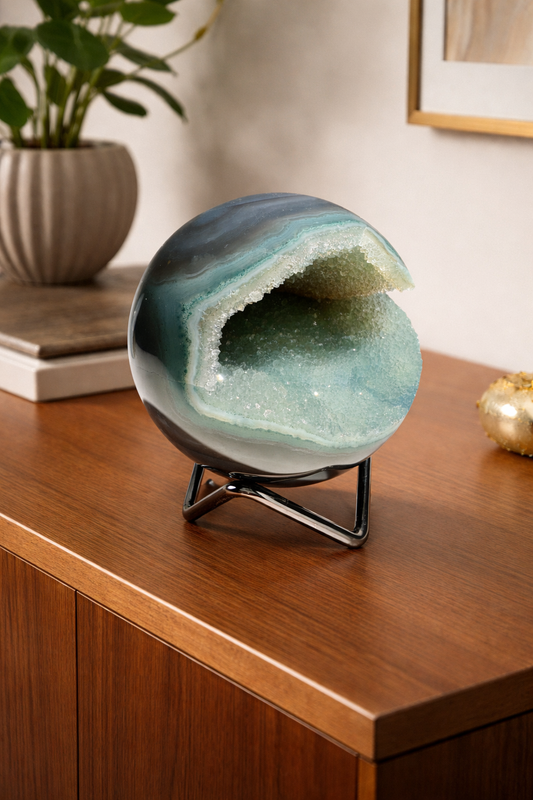 Mintgrüne Achatkugel 7,7 cm 558 g aus Brasilien mit funkelnden Kristallen