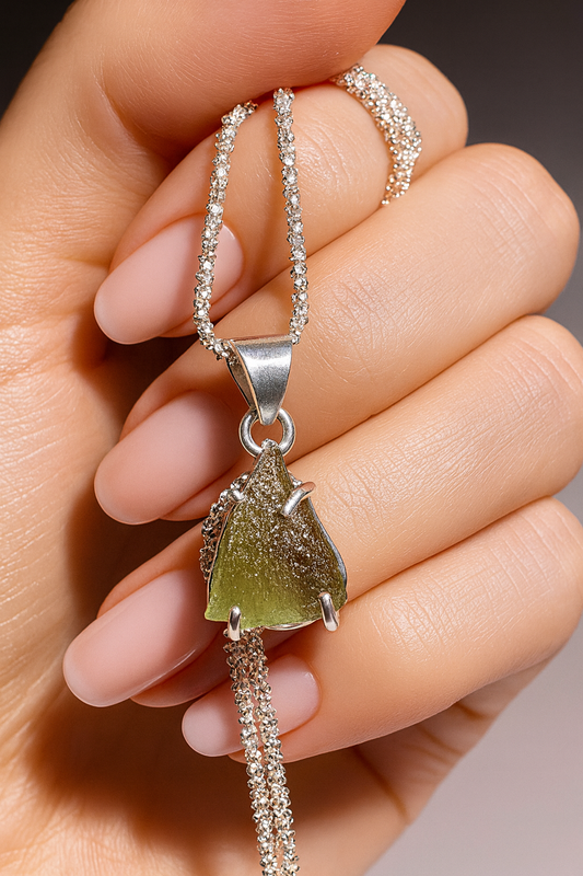 Moldavit Anhänger in 925 Silber – Echter Tektit in intensivem Grün mit Zertifikat