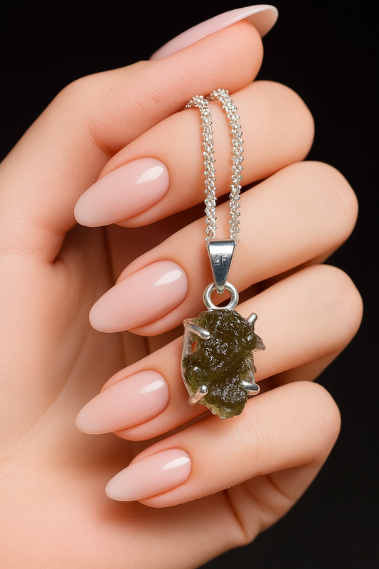 Moldavit Anhänger in 925 Silber – echtes Tektit, intensiv grün & selten