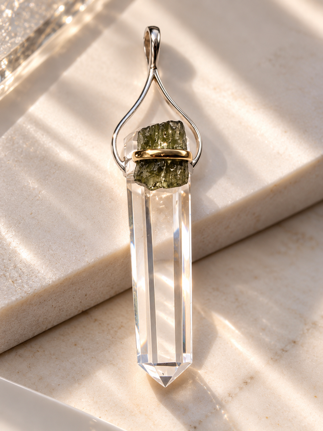Moldavit Anhänger mit Lemurian Bergkristall aus 925 Sterling Silber