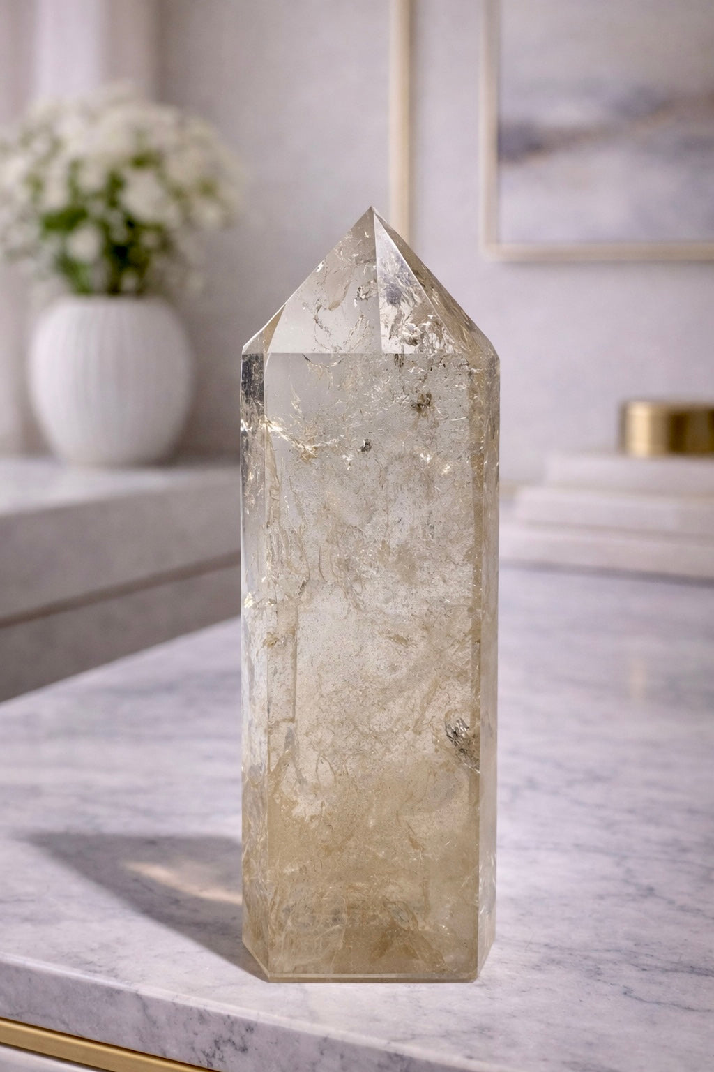 Natur Citrin Spitze 14,5 cm 260 g aus Brasilien mit sichtbarem Regenbogen