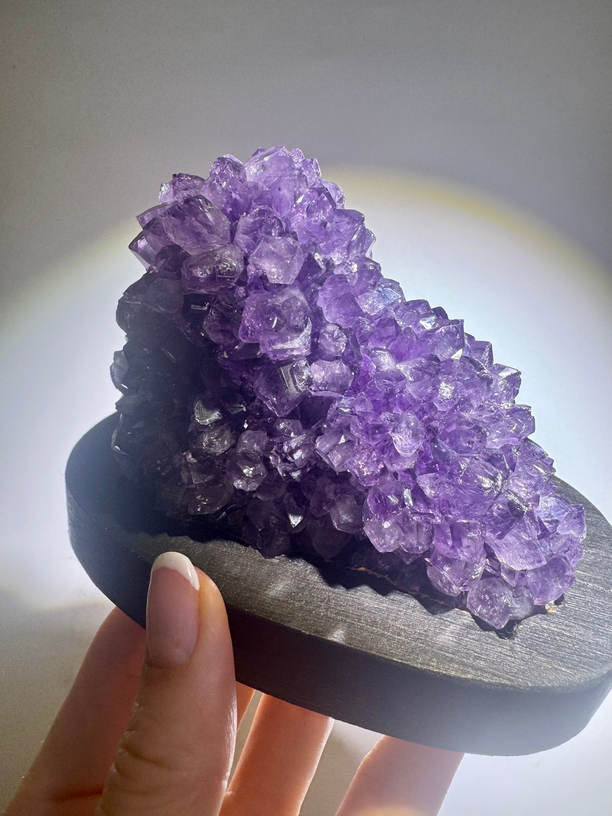 Naturbelassene Amethystrose auf handgefertigtem Holzständer