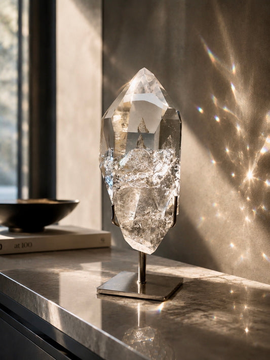 Naturbelassener klarer Lemurian Kristall 12.5 cm 515 g mit einzigartigen Einschlüssen