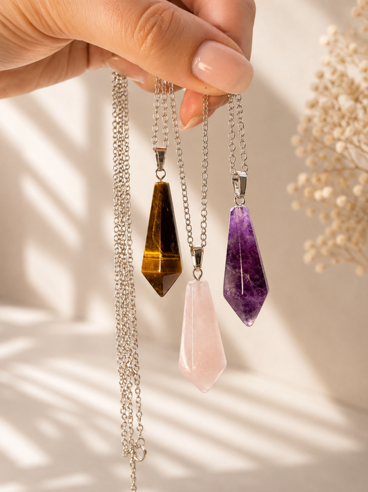 Pendelanhänger aus Rosenquarz, Tigerauge, Amethyst oder Bergkristall mit Edelstahlkette