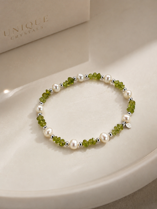 Peridot Armband mit echten Süsswasserperlen und 925 Silberperlen