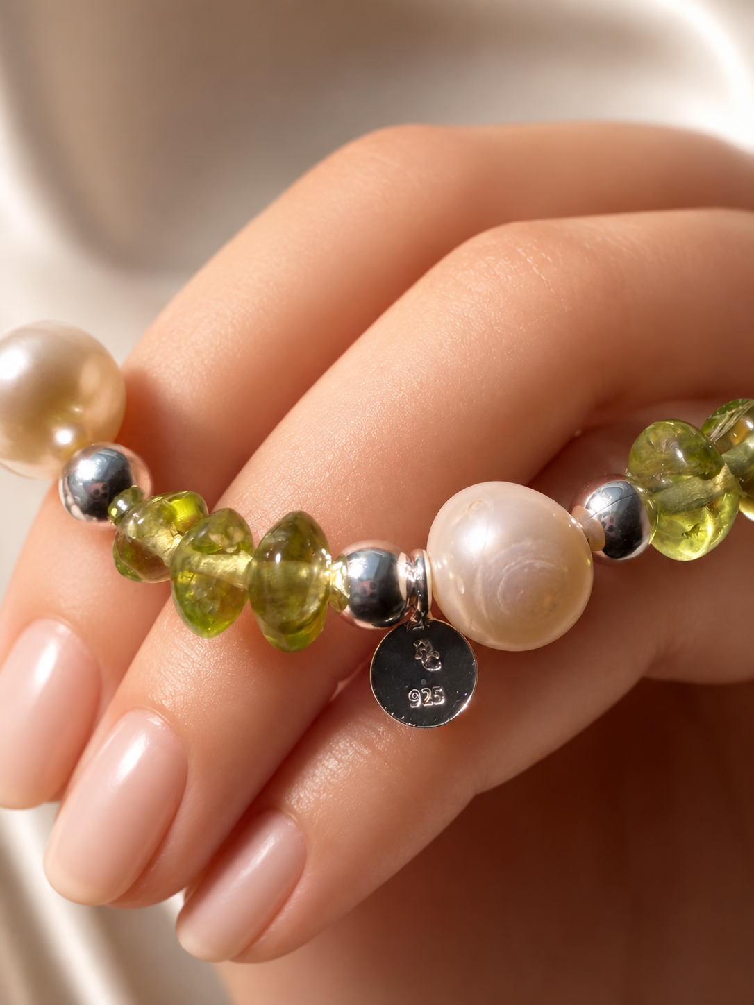 Peridot Heilstein Armband mit echten Perlen und 925 Silber