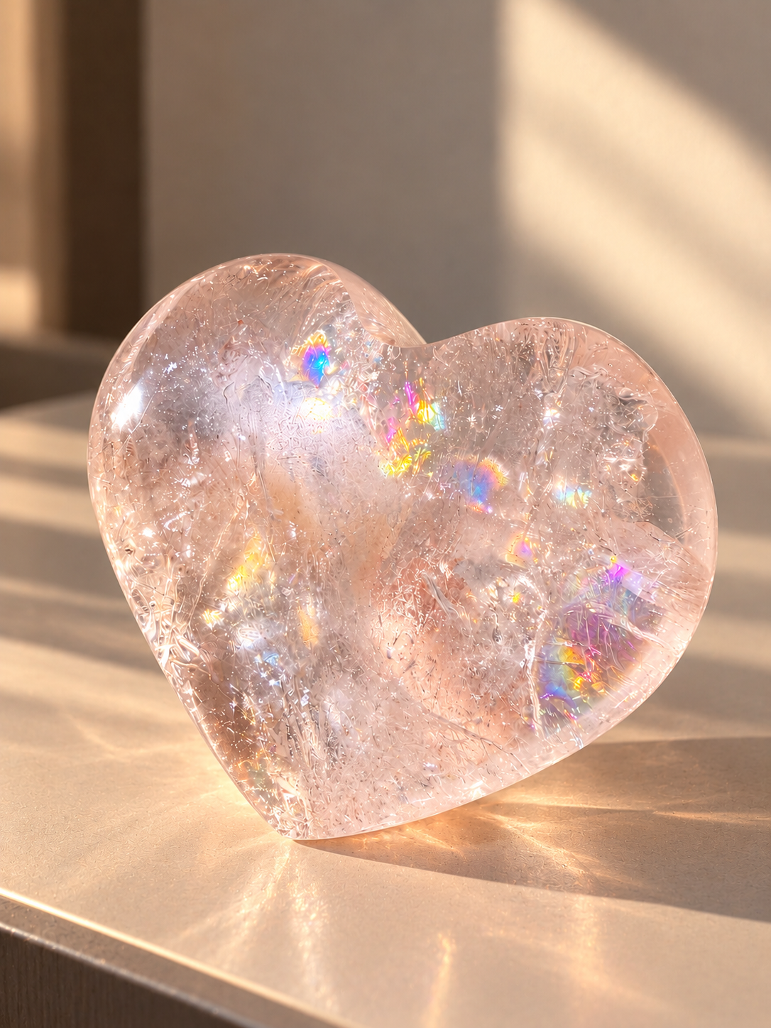 Pink Himalaya Quarz Herz mit zartem Rosaton und leuchtenden Regenbogen im Sonnenlicht