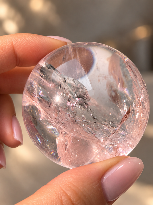 Pink Himalaya Quarz Kugel – Baby Pink mit Regenbogen | 4,8 cm | 158 g