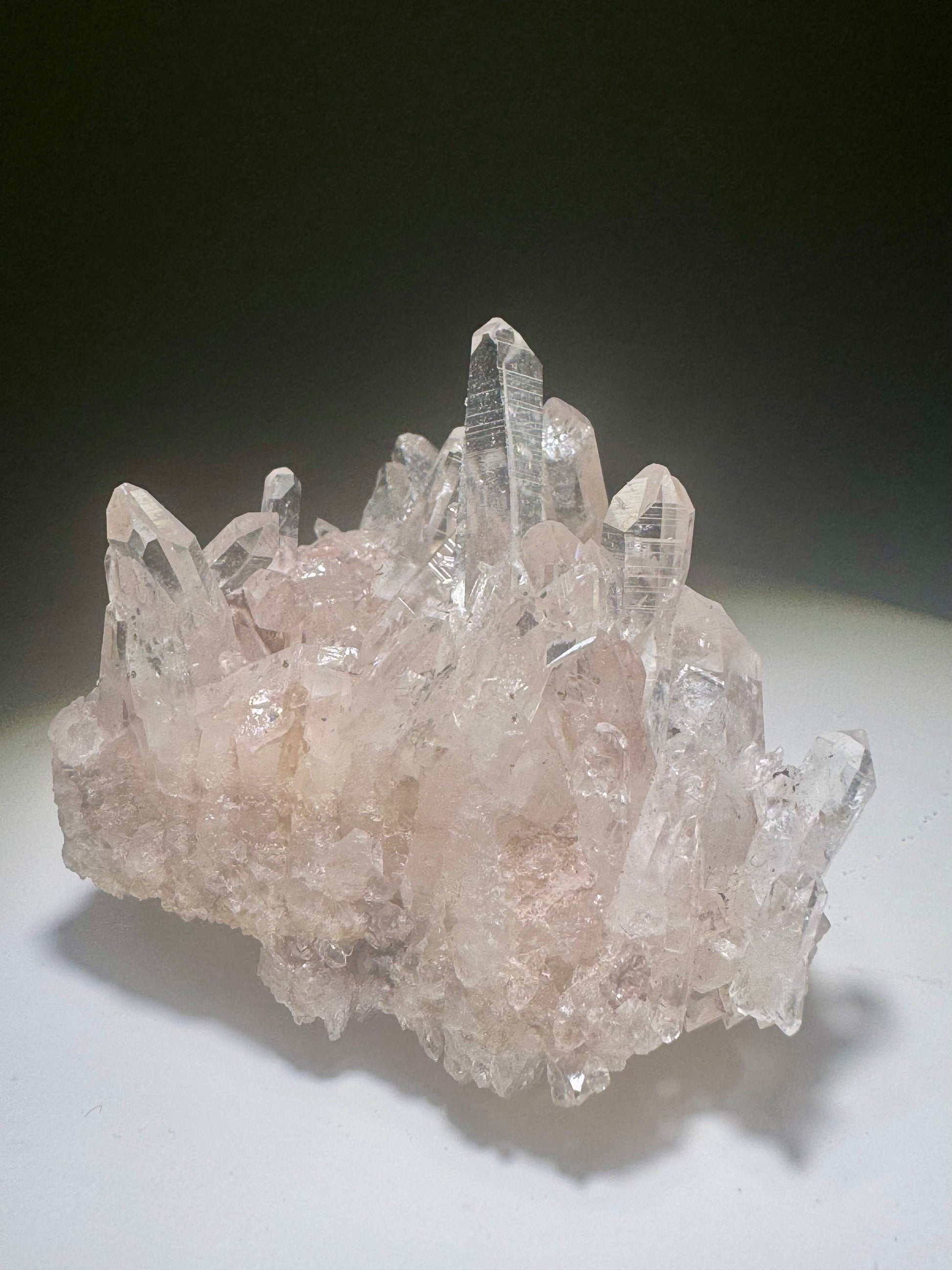 Pink Lemurian Kristallgruppe mit klaren Kristallspitzen und sanftem Farbverlauf