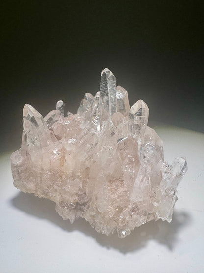 Pink Lemurian Kristallgruppe mit klaren Kristallspitzen und sanftem Farbverlauf