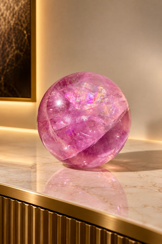 Pinke Fluoritkugel aus Brasilien mit natürlichen Phantomen und grossen Regenbögen, 4,6 cm, 175 g