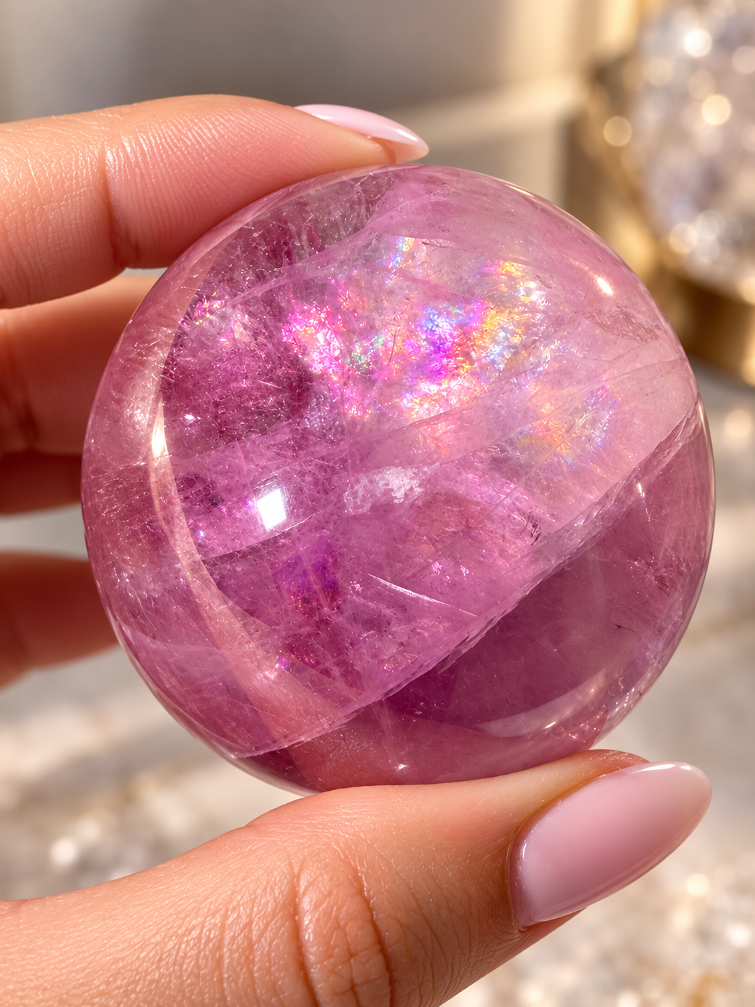Pinke Fluoritkugel mit Phantom-Effekt, intensiver Farbe und Regenbogen im Inneren, 4,6 cm Durchmesser