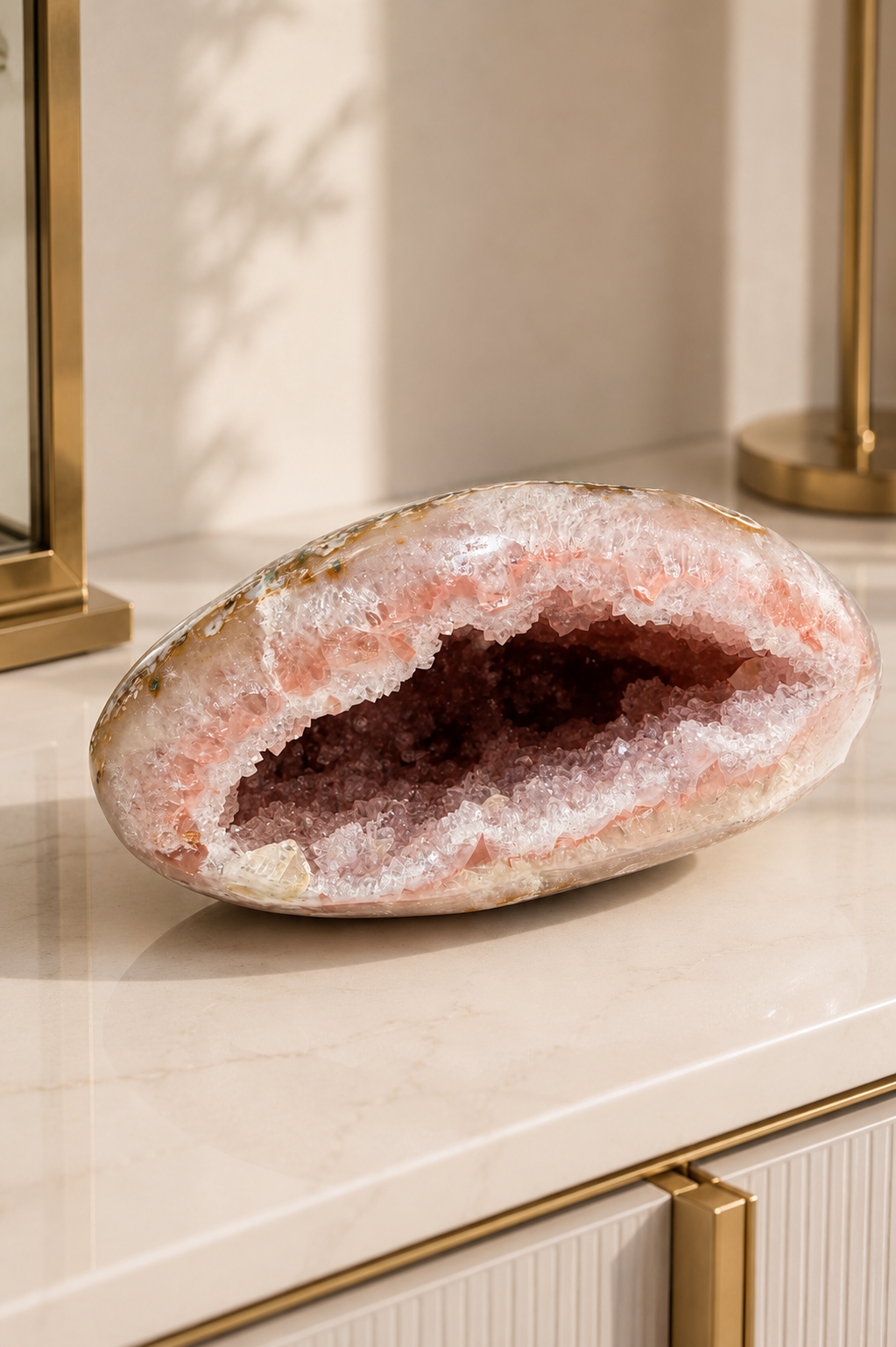 Pinke Rainbow Amethyst Druse 17,5 cm mit rosa Kristallen und 1,52 kg Gewicht