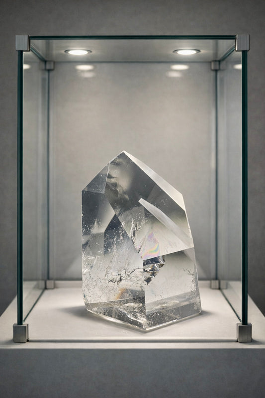 Polierte Phantom-Lemurian-Bergkristallspitze aus Brasilien mit Regenbogen und Phantom-Linien – 6,5 cm