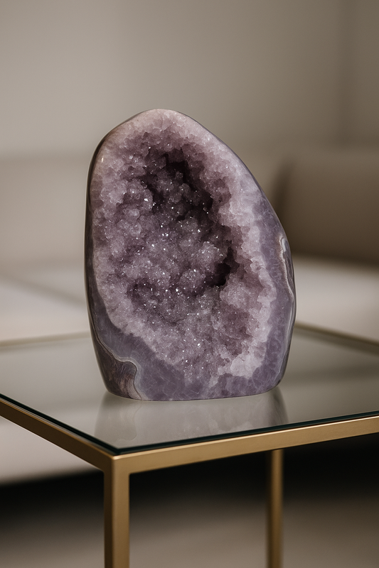 Rainbow Amethyst Cutbase 9 cm 403 g | Uruguay Amethyst mit funkelnder Doppelkristallisation