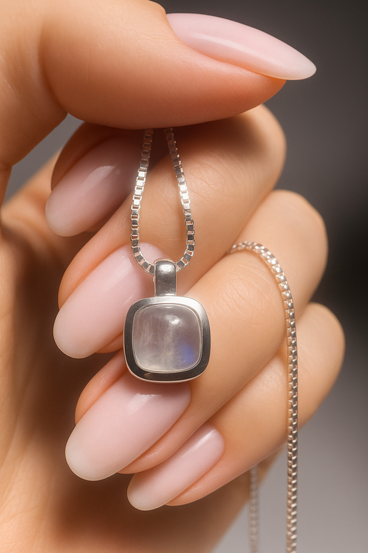 Rainbow Mondstein Anhänger 🌙 1.3 cm Handarbeit 925 Silber 