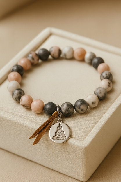 Rhodonit Armband kaufen – Buddha-Charm, Lederband, 19 cm