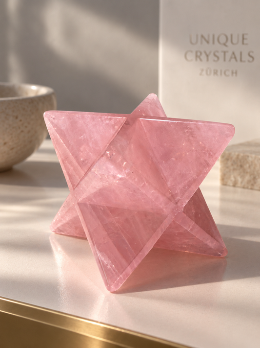Rosa Merkaba-Stern aus Rosenquarz mit 260 g