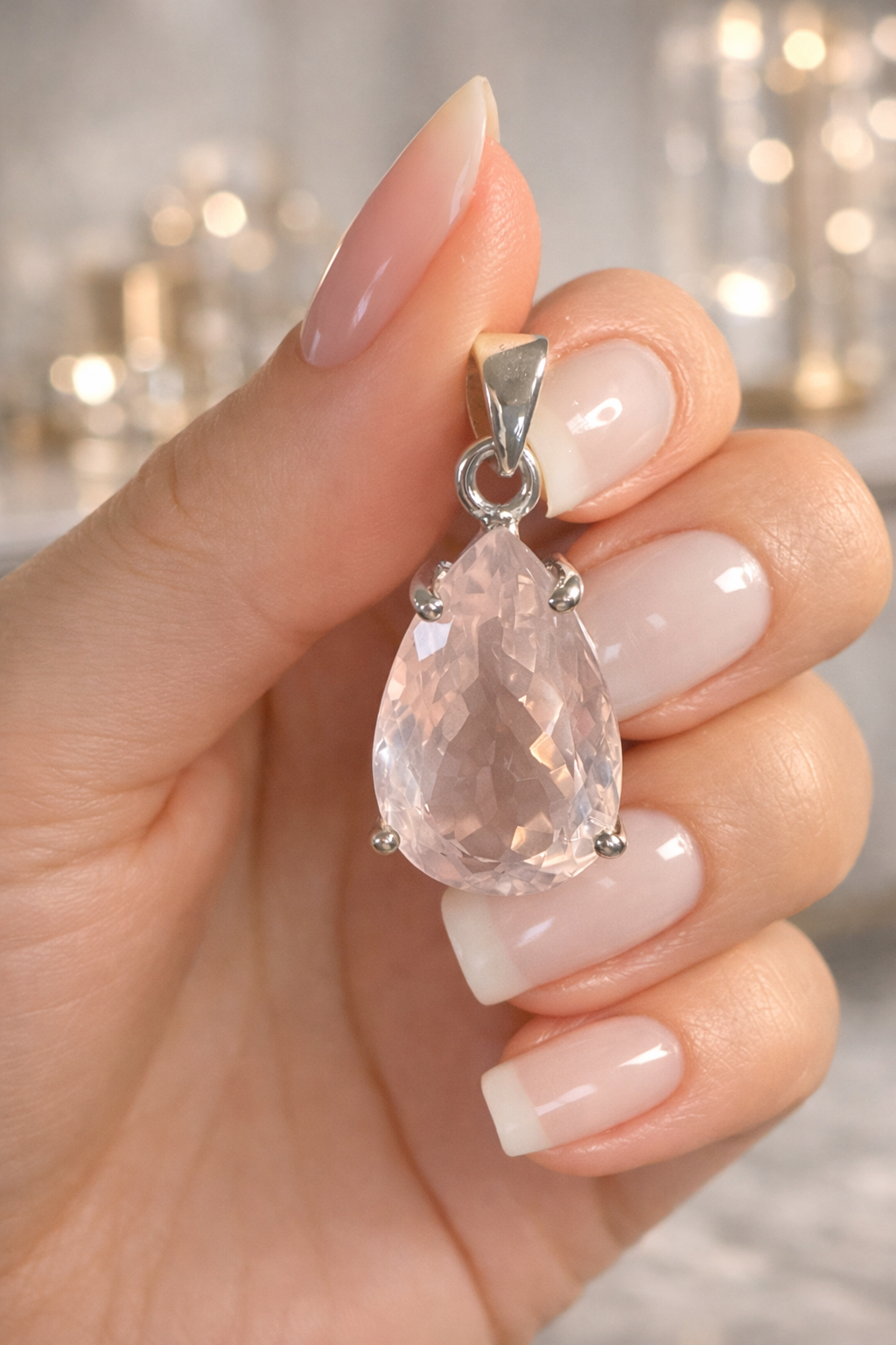 Rosenquarz Anhänger Tropfenform facettiert mit 925 Silber