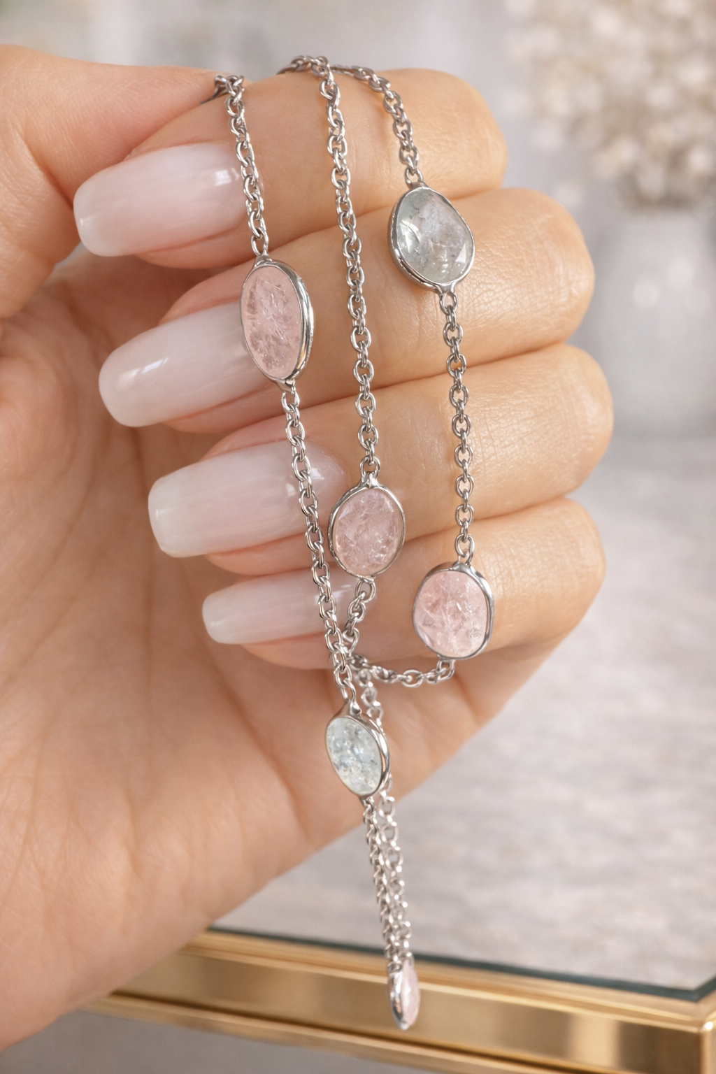 Rosenquarz Aquamarin Kette 925 Silber – zart & elegant