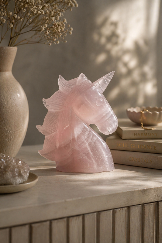 Rosenquarz Einhorn 12,5 cm, handgefertigte Kristallfigur für Liebe und Harmonie