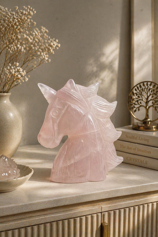 Rosenquarz Einhorn 12 cm, handgefertigte Kristallfigur mit sanfter Herzenergie