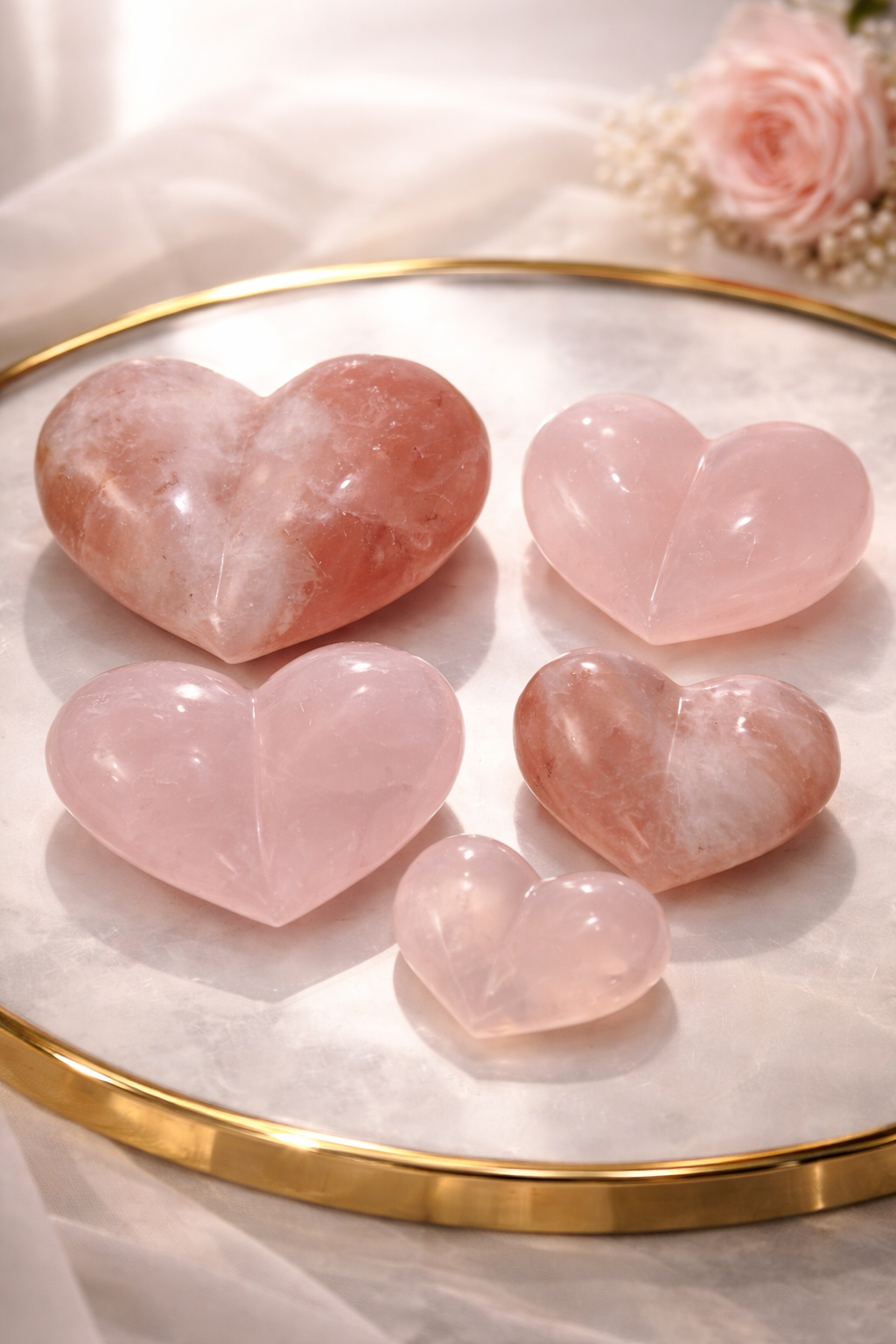 Rosenquarz Herzen juicy –  dreidimensionale Form