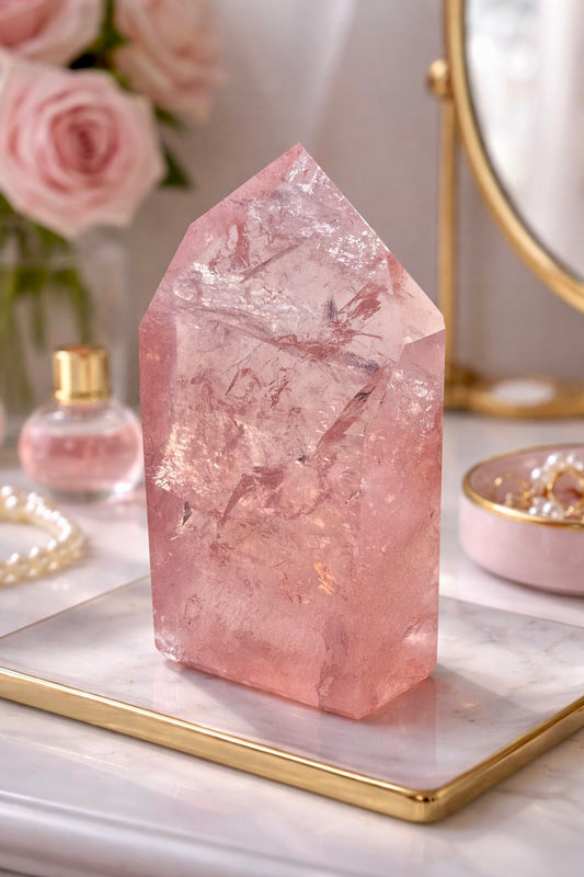 Rosenquarz Spitze 8 cm in intensivem Himbeerrosa – polierter Naturkristall 180 g