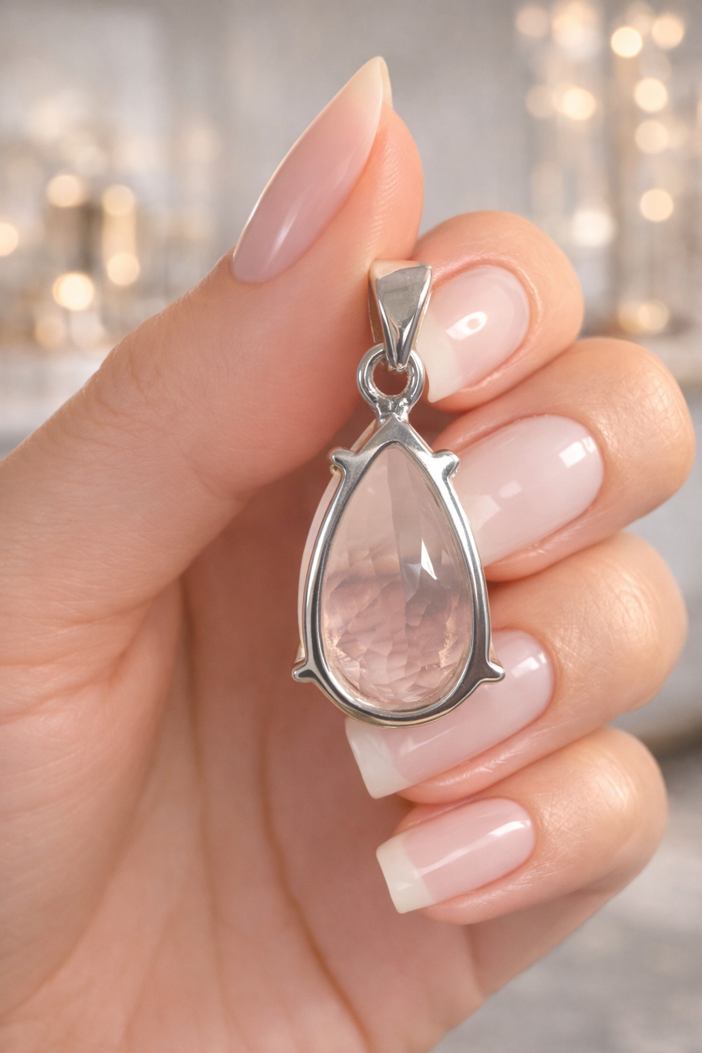 Rosenquarz Tropfen Anhänger aus Silber – liebevolle Energie