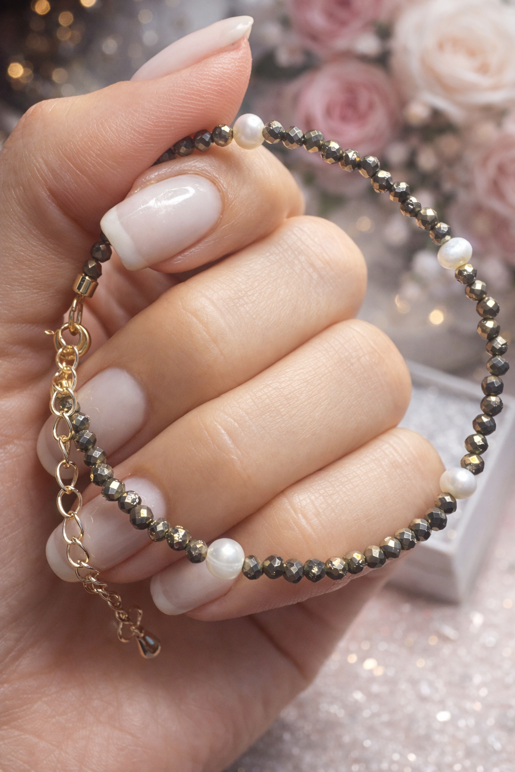 Süsses Pyrit Armband mit echten Süsswasserperlen 