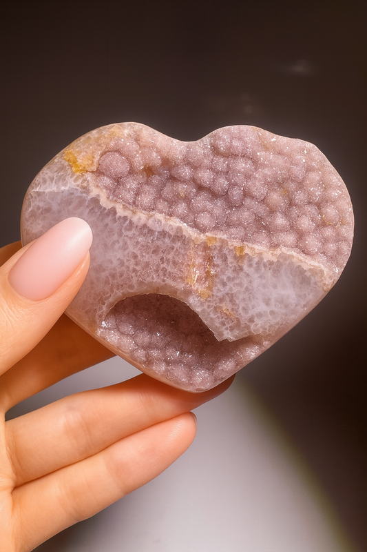 Süsses Rosa Rainbow-Amethyst Herz – 7 cm · 135 g · Extrem seltene Doppelkristallisation