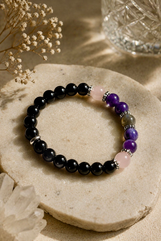 Schutzstein Armband mit Turmalin Amethyst Labradorit und Rosenquarz, handgemacht 19 cm