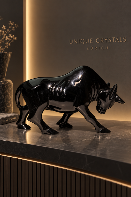 Schwarzer Obsidian Stier, handgeschnitzter Wall Street Bulle aus Brasilien, Einzelstück 14,5 × 8,5 cm