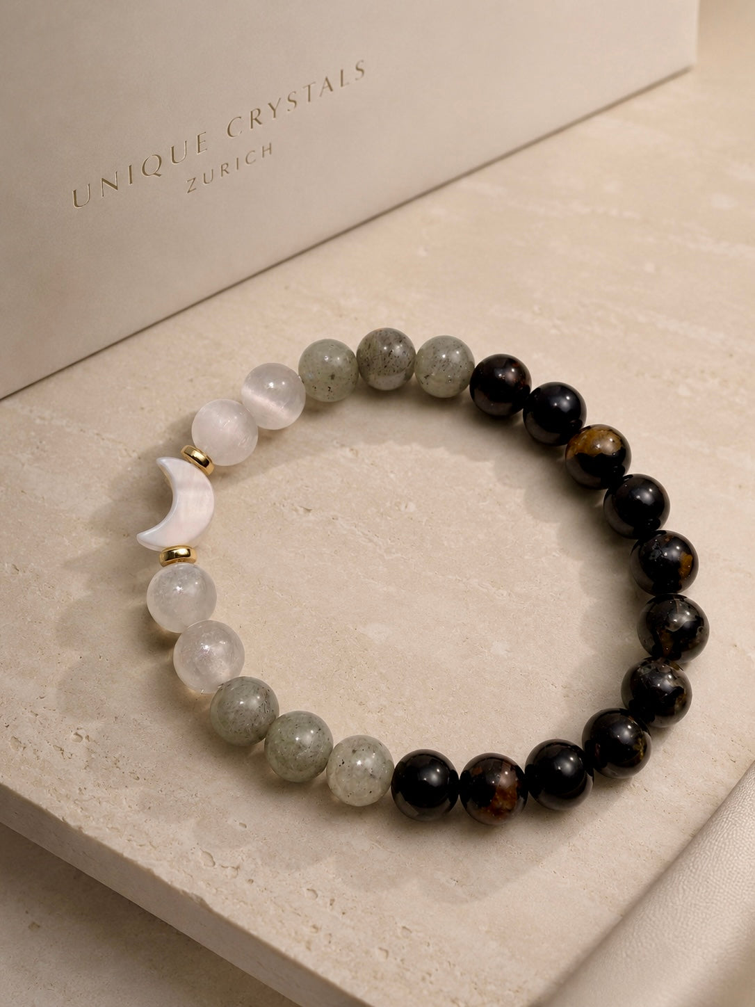 Selenit Labradorit Turmalin Armband mit Perlmutt-Mond, 18 cm, Edelsteinarmband
