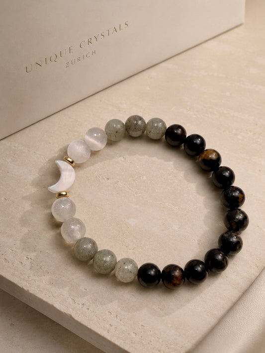 Selenit Labradorit Turmalin Armband mit Perlmutt-Mond, 18 cm, Edelsteinarmband