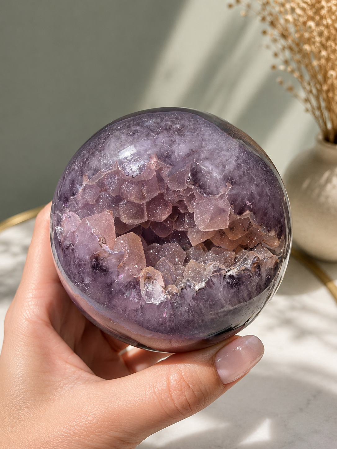 Seltene Sugary Amethystkugel aus Uruguay | Doppelkristallisation | 9 cm, 1.01 kg